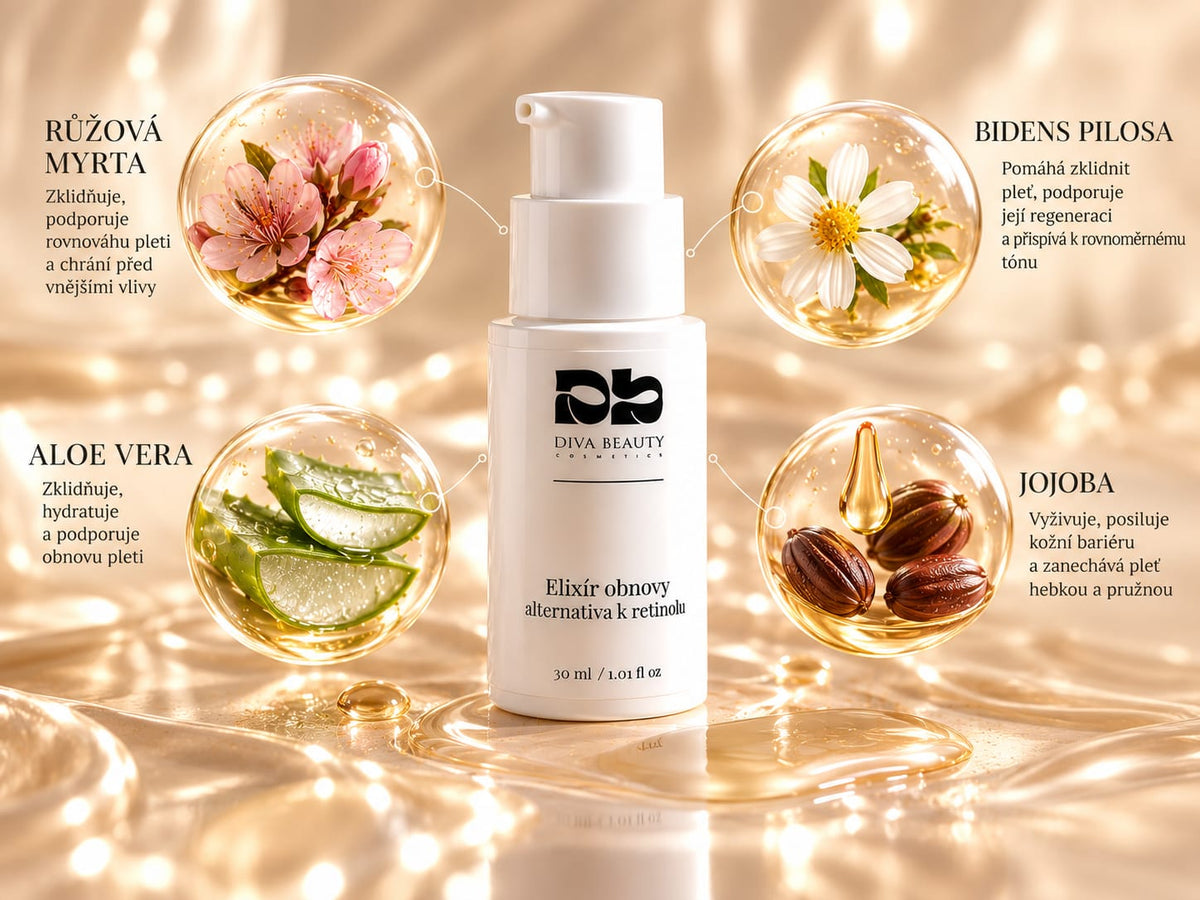 Elixír obnovy – alternativa k retinolu DIVA BEAUTY COSMETICS, 30 ml – infografika složení: růžová myrta, Bidens pilosa, aloe vera a jojoba
