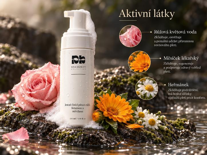 Jemná čisticí pěna DIVA BEAUTY COSMETICS, 150 ml – infografika aktivních složek: růžová květová voda, měsíček lékařský a heřmánek