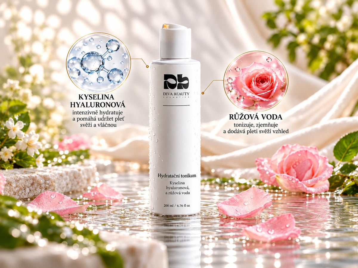 Hydratační tonikum DIVA BEAUTY COSMETICS, 200 ml – infografika účinných látek: kyselina hyaluronová a růžová voda, s růžovými květy